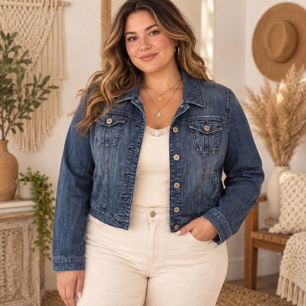 Elle Denim Jacket Size XL Medium Wash Cropped Button Front Blue Jean Coat